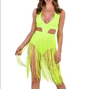 WhirlWind Fringe Neon Yellow Rave Cut Out Bodysuit